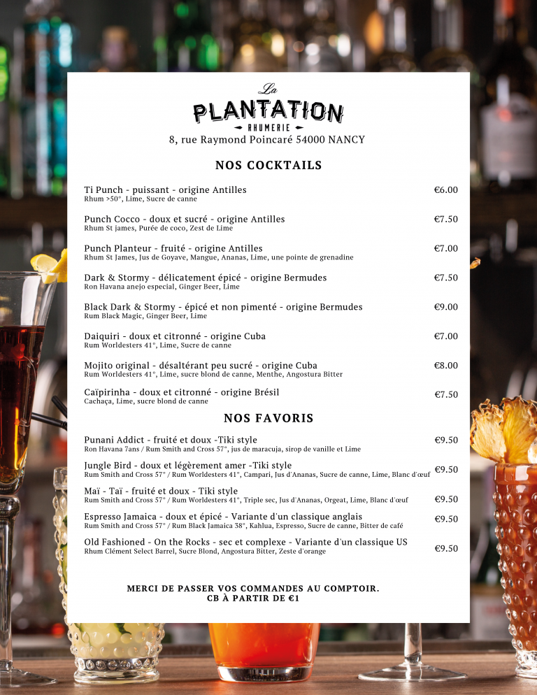 Menu Cocktails - La Plantation